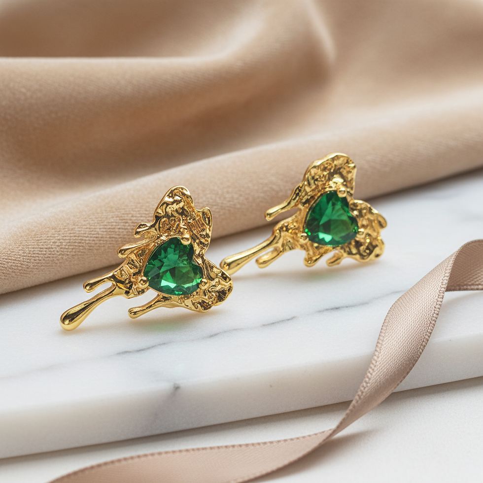 Thumbnail: Melting Heart Emerald CZ Studs (16k Gold-Plated Stainless Steel)