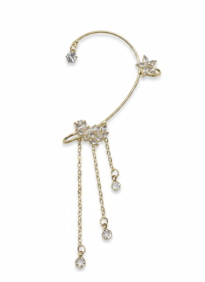 Thumbnail: Star Rhinestone Leafy Dangle Ear Cuff, 1pc (Gold-Plated Brass)