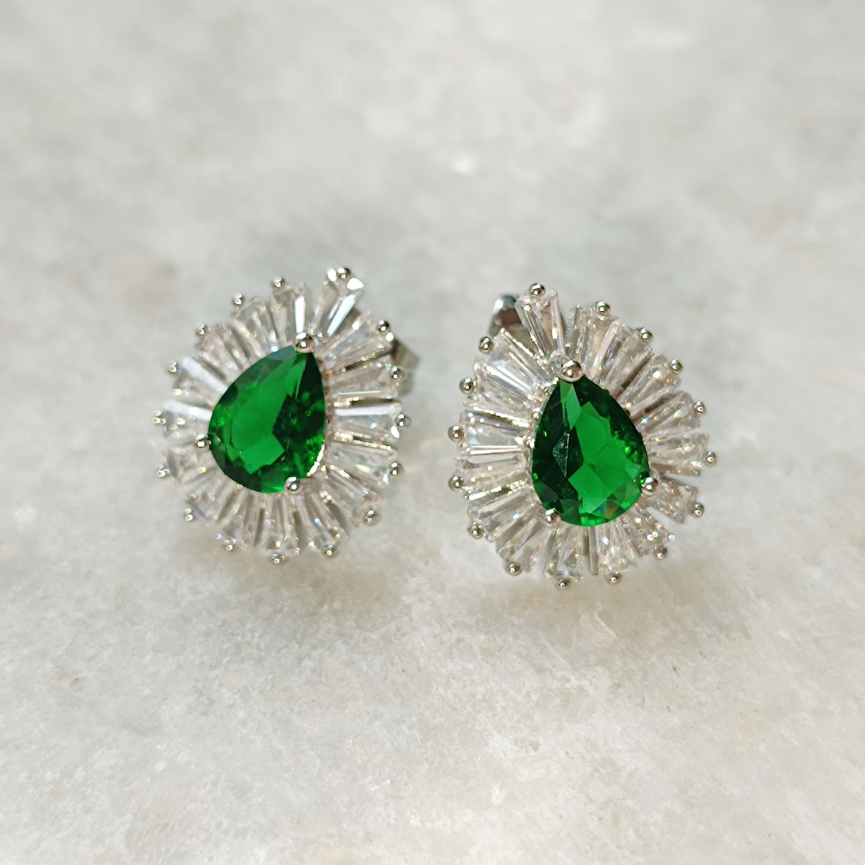 Emerald teardrop white CZ teardrop halo Rhodium brass stud Earrings