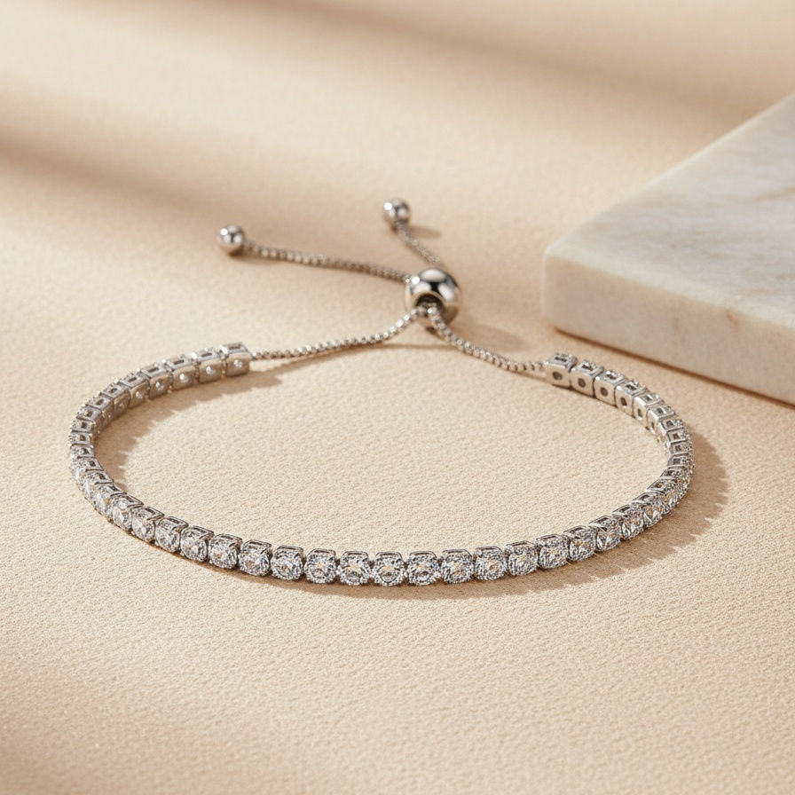 Thumbnail: 3 mm wide round CZ Slider adjustable brass bracelet (Rhodium)