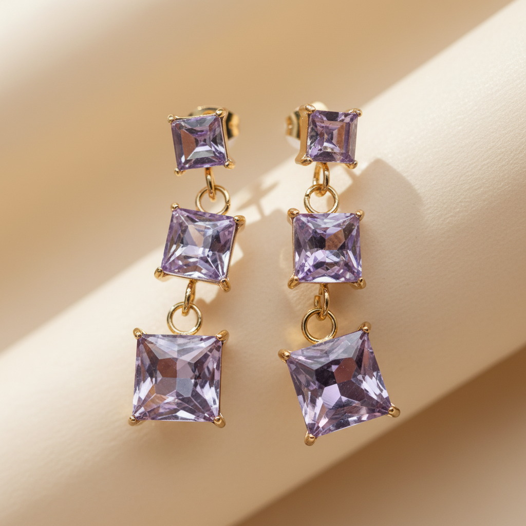 Triple Purple Rectangle Rhinestone Dangle Earrings (Gold-Plated Stainless Steel)