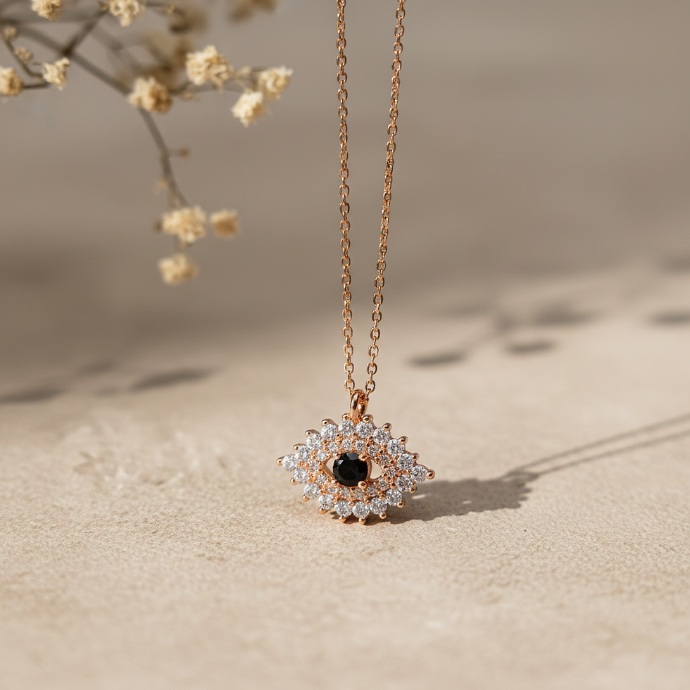 Thumbnail: Evil Eye CZ Studded Stainless Steel Necklace (Rose-Gold Plated)