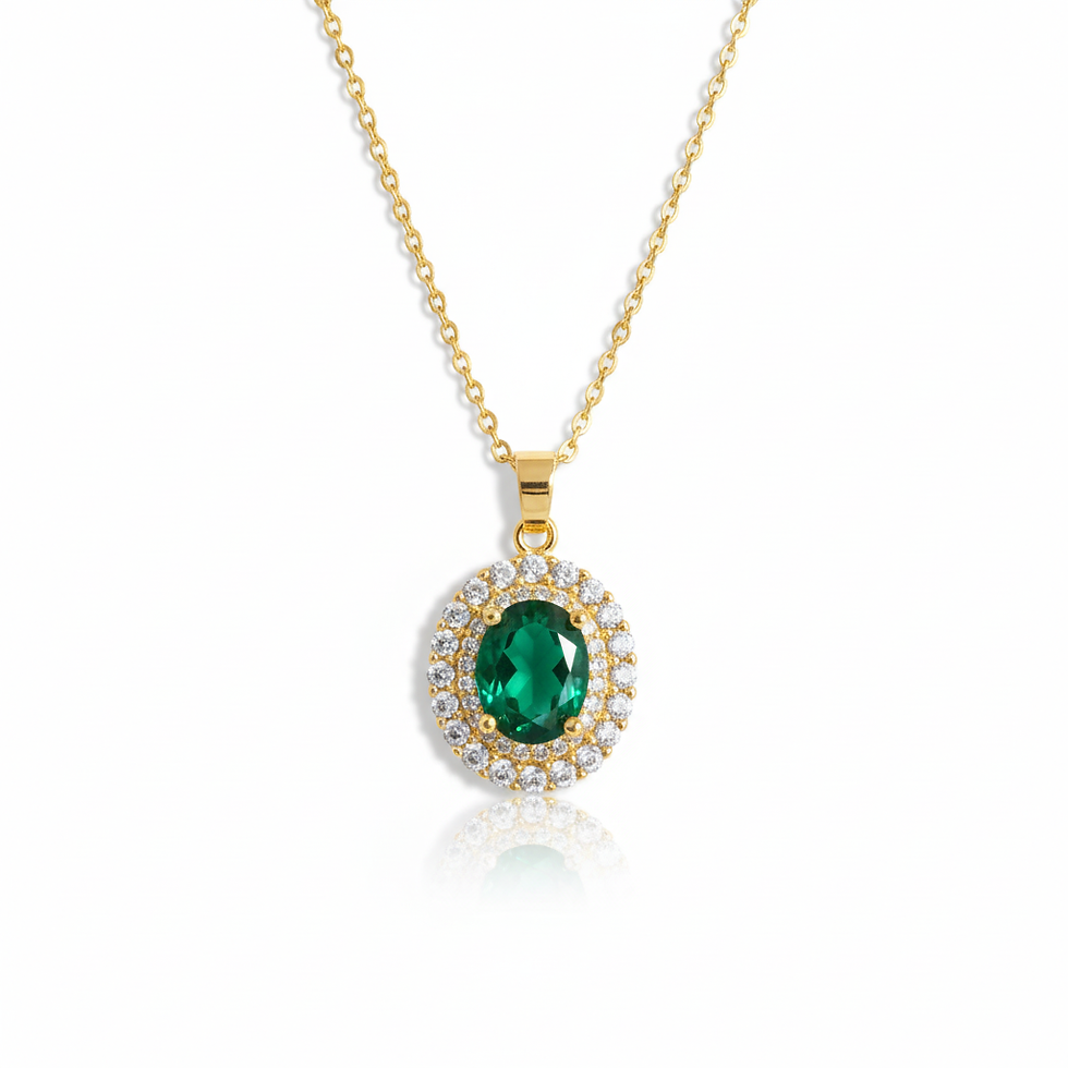 Thumbnail: Emerald Oval double halo with 18k Gold Stainless Steel chain Necklace