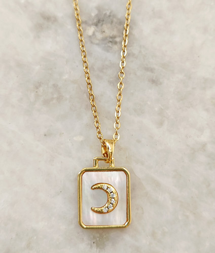 Rectangle Moon CZ Mother of Pearl Gold Stainless Steel chain | Omnistyl