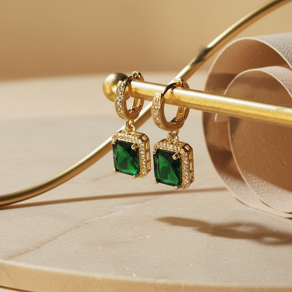 Rectangular Emerald with Micropave CZ 18k Gold-Plated Brass Hoop Earrings