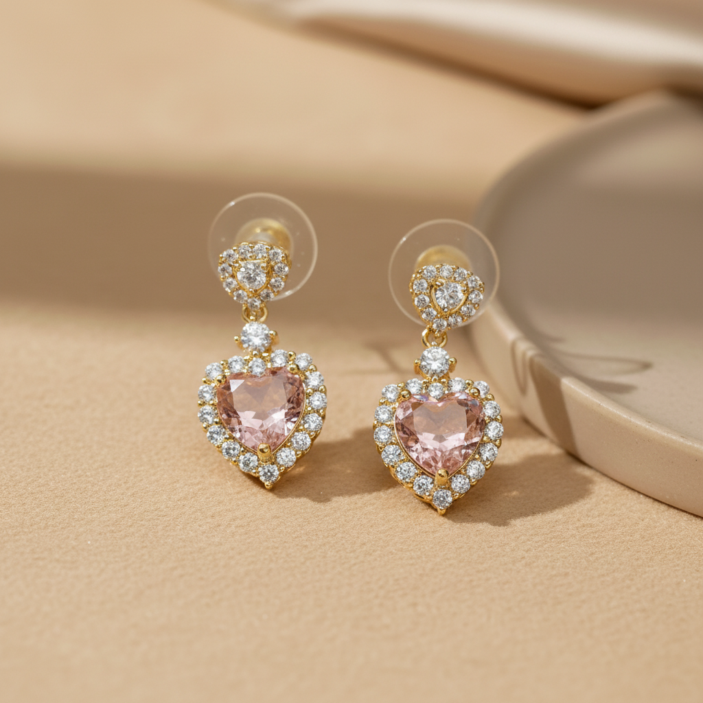 Pink CZ Heart Dangle Earrings (Gold-Plated Brass)