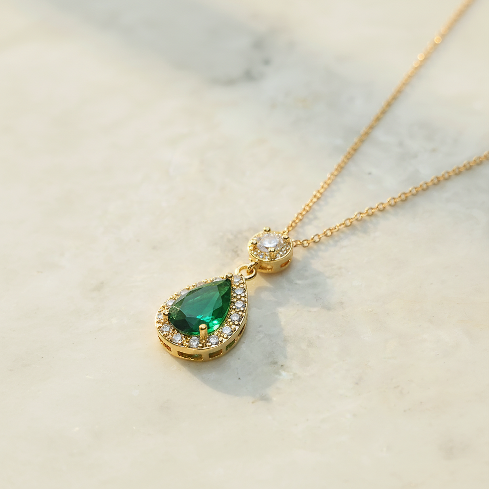 Thumbnail: Emerald Teardrop CZ Halo Bail Pendant (Gold-Plated Stainless-Steel Chain)