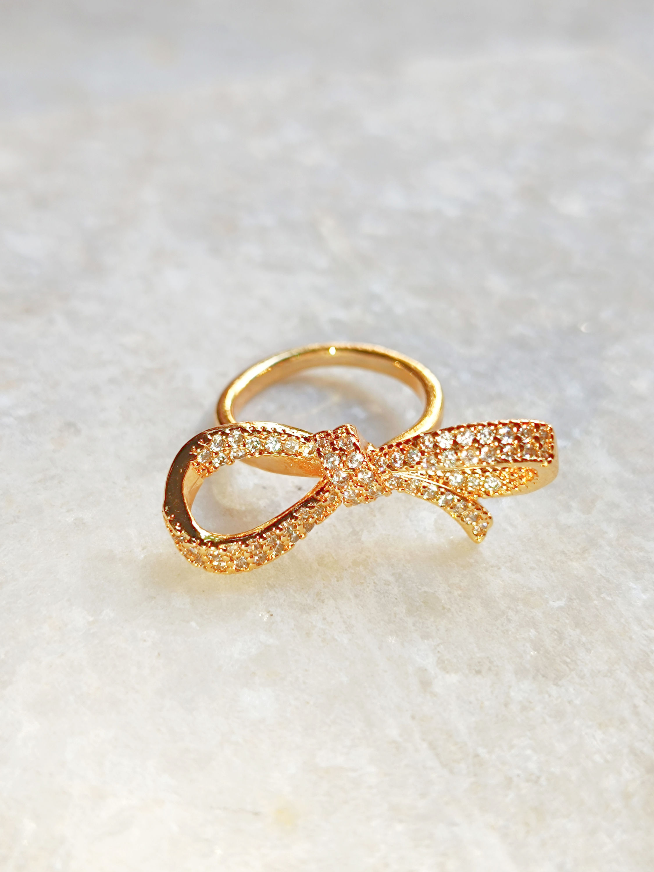 Bow Ribbon CZ micropave adjustable ring (Gold, Brass)