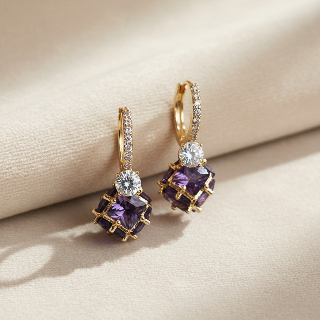 Purple Rounded CZ Cube with White Diamonds Hoop Earrings (Gold-Plated Brass)