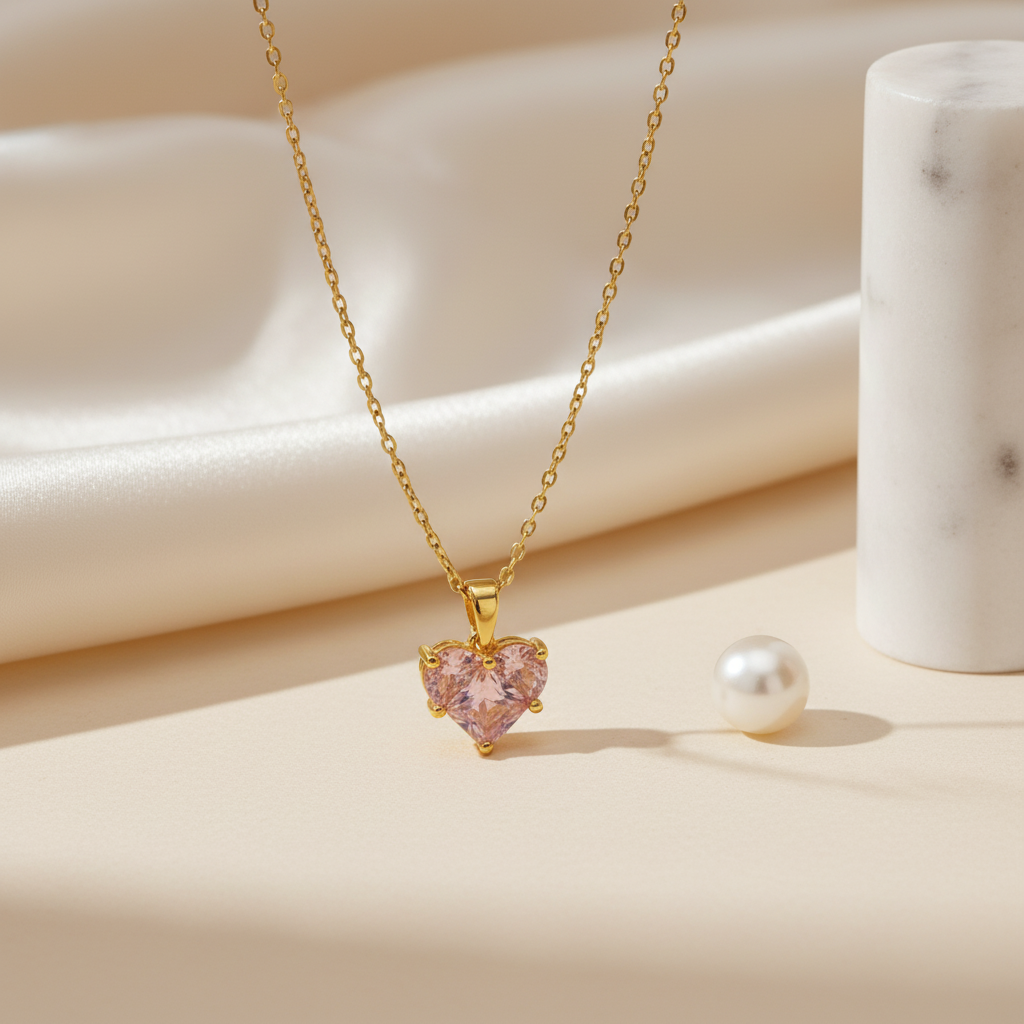 Pink heart with 3-stone cuts Necklace