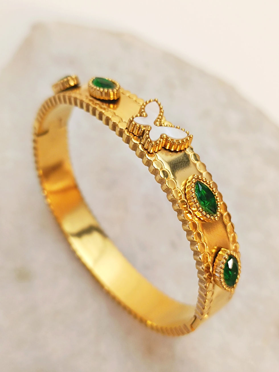 Mother of pearl butterfly emerald oval rhinestone Gold Stainless Steel Bangle