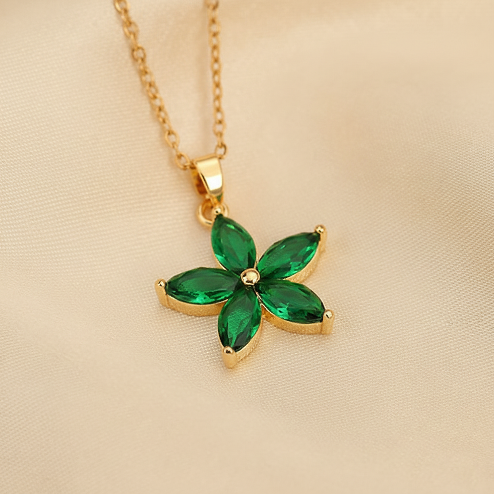 Thumbnail: Mussaenda uniflora green CZ flower Gold Stainless Steel necklace
