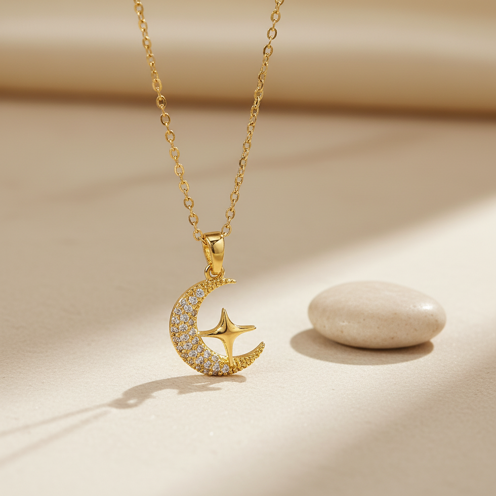 Thumbnail: Moon-star CZ Brass Pendant (Gold-Plated Stainless Steel Chain)