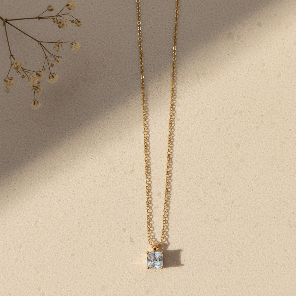 7mm Princess-Cut CZ Gold-Plated Stainless Steel Chain Necklace