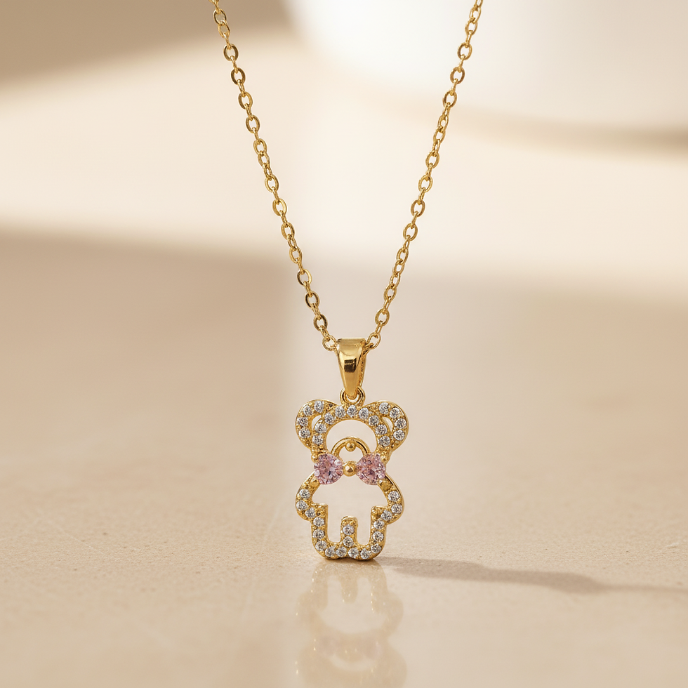 Thumbnail: Teddy bear pink bow CZ Necklace