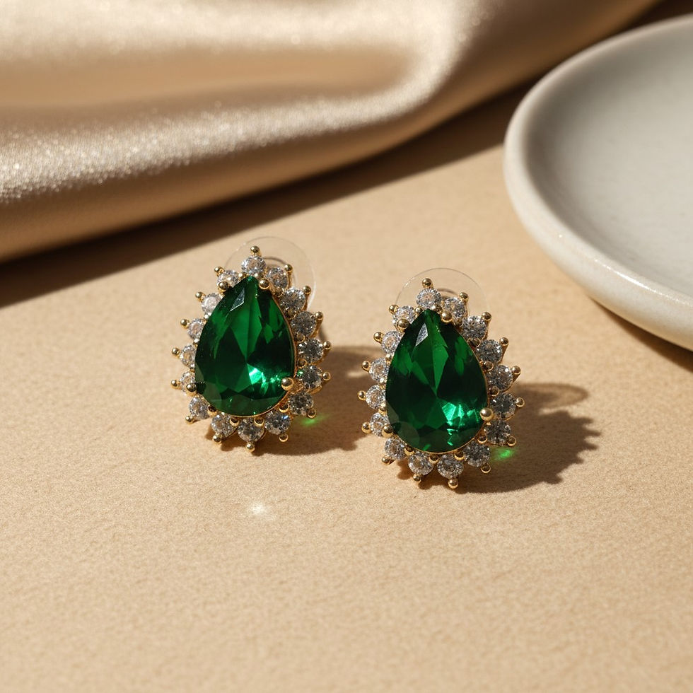 Thumbnail: Emerald CZ Teardrop Sunburst Halo Earrings (14k Gold-Plated Brass)
