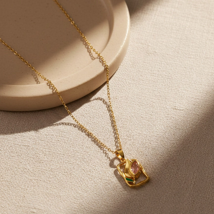 Thumbnail: Pink Marquise tulip rectangle Necklace