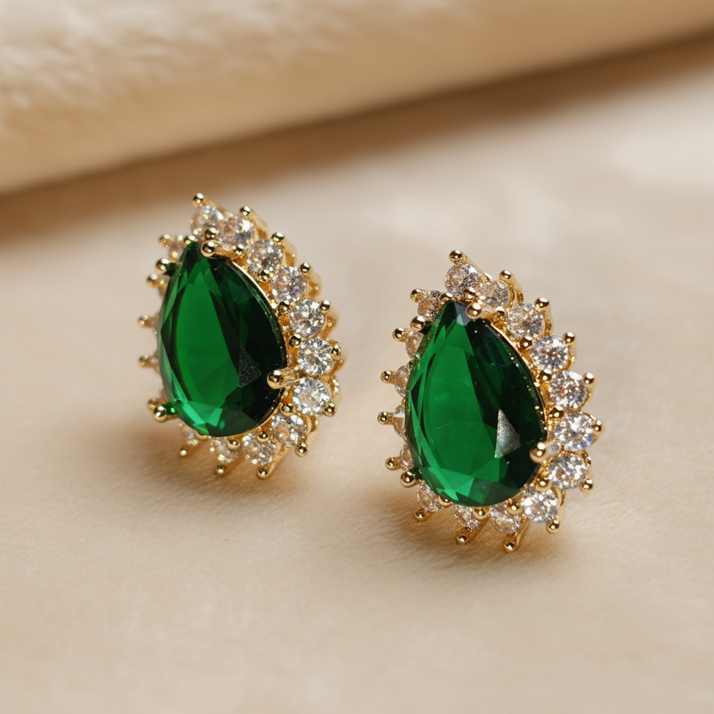 Emerald CZ Teardrop Sunburst Halo Earrings (14k Gold-Plated Brass)