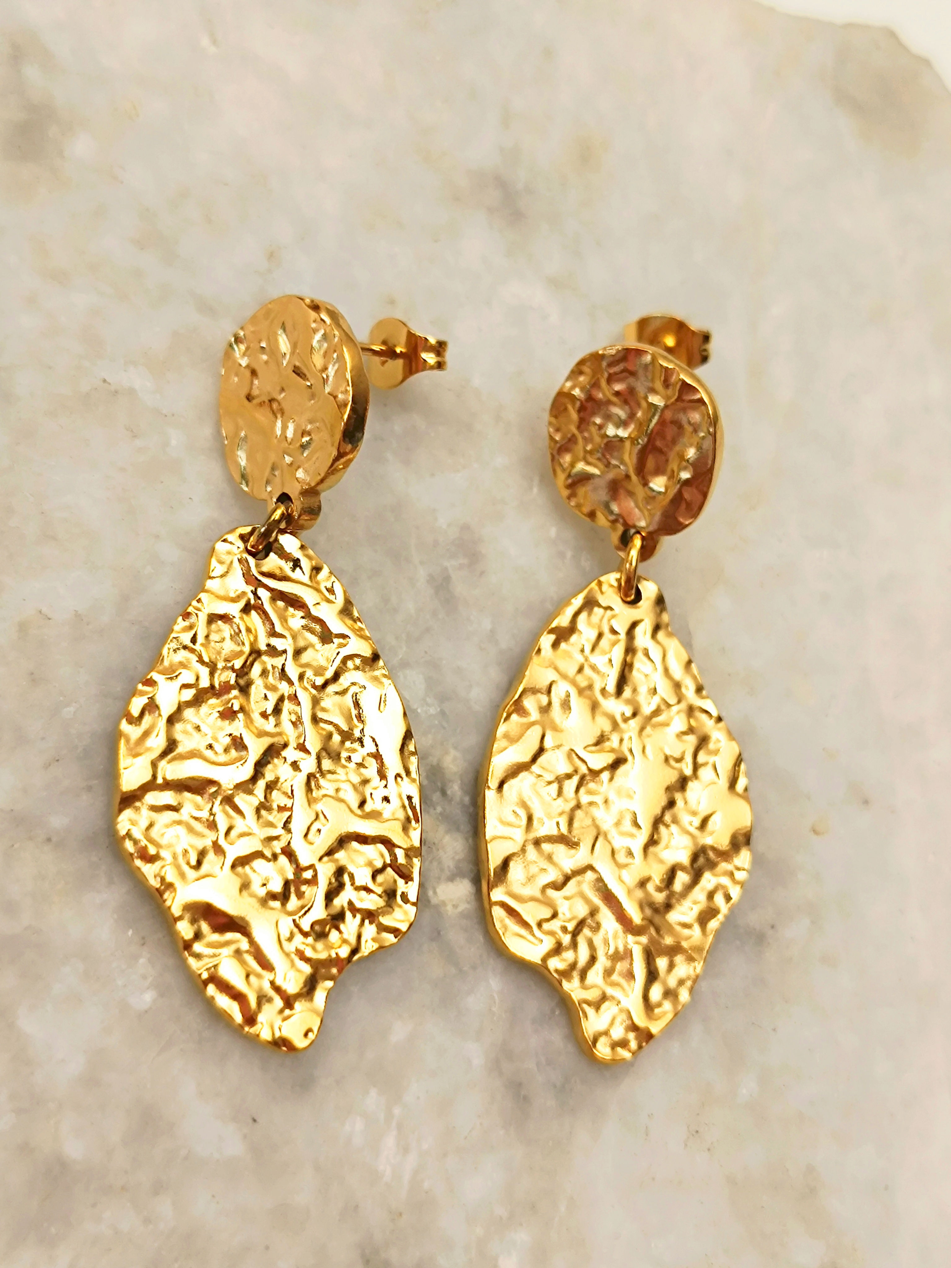 Textured Leafy Gold Dangle Round Stud Earrings
