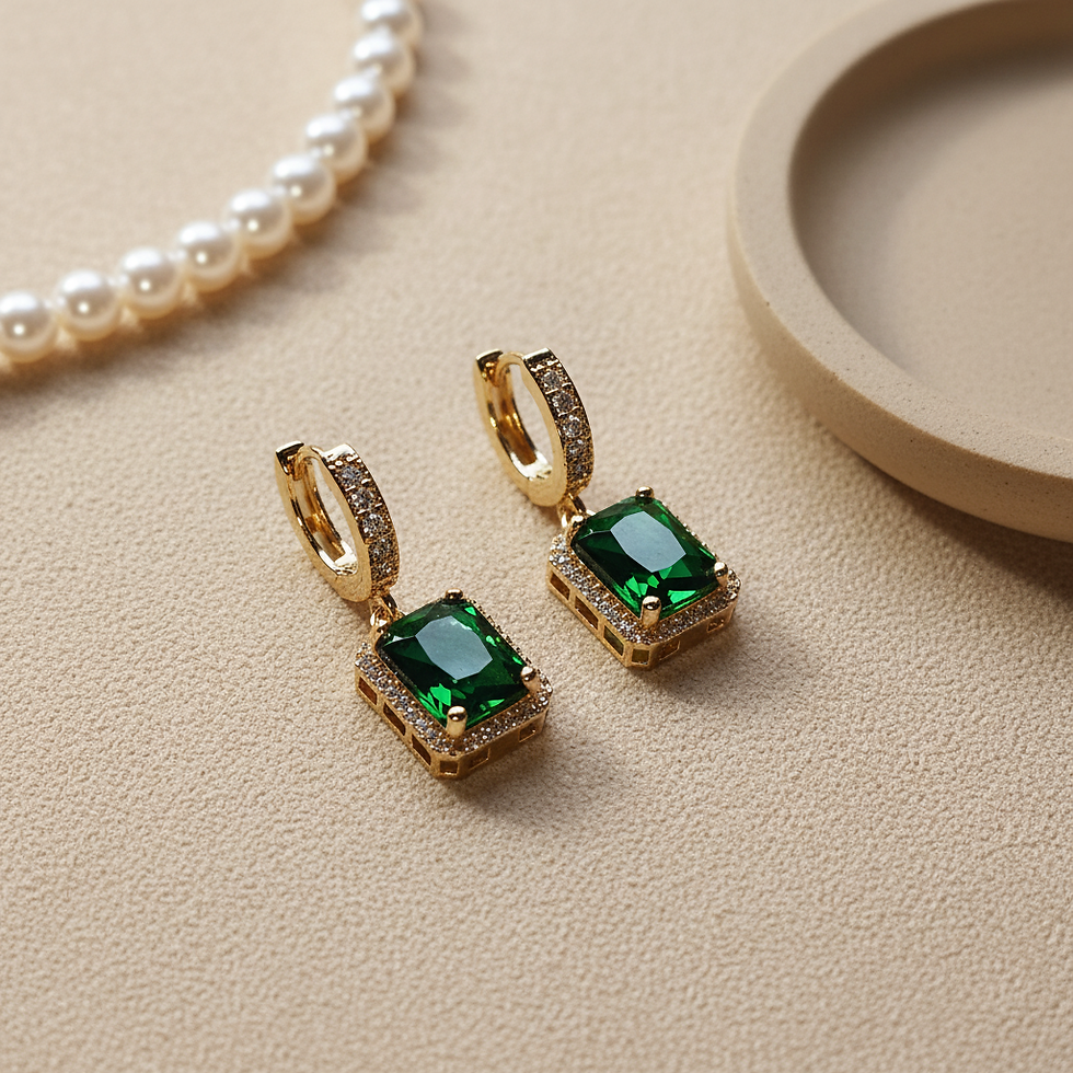 Thumbnail: Rectangular Emerald with Micropave CZ 18k Gold-Plated Brass Hoop Earrings