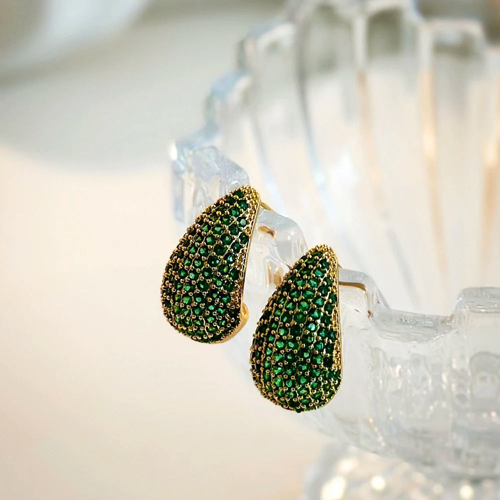 Teardrop Emerald micropave CZ hollow stud Earrings (18k Gold, Brass)