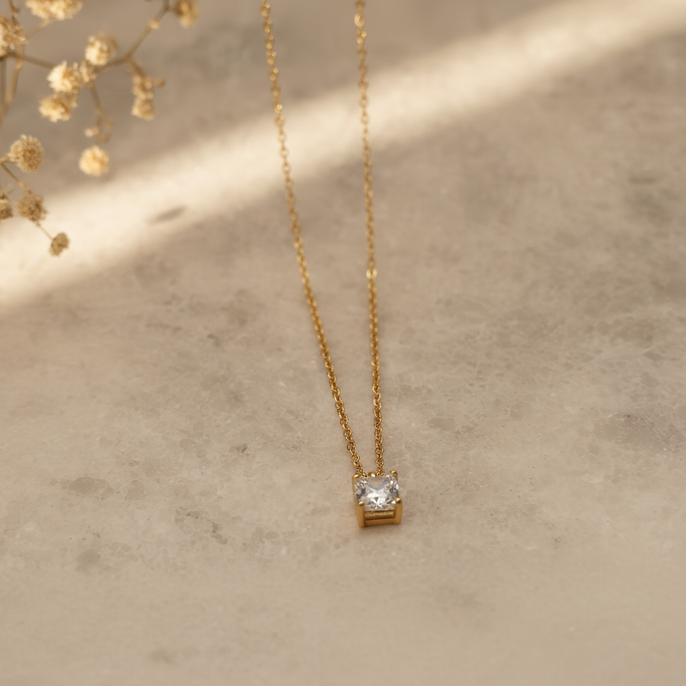 Thumbnail: 7mm Princess-Cut CZ Gold-Plated Stainless Steel Chain Necklace