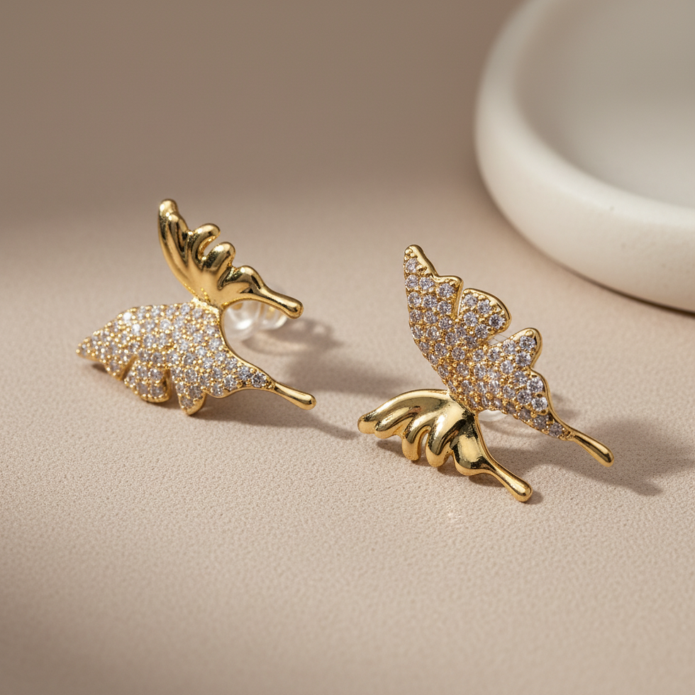 Thumbnail: Butterfly Micro-pave CZ  Stud Earrings (Gold-Plated Brass)