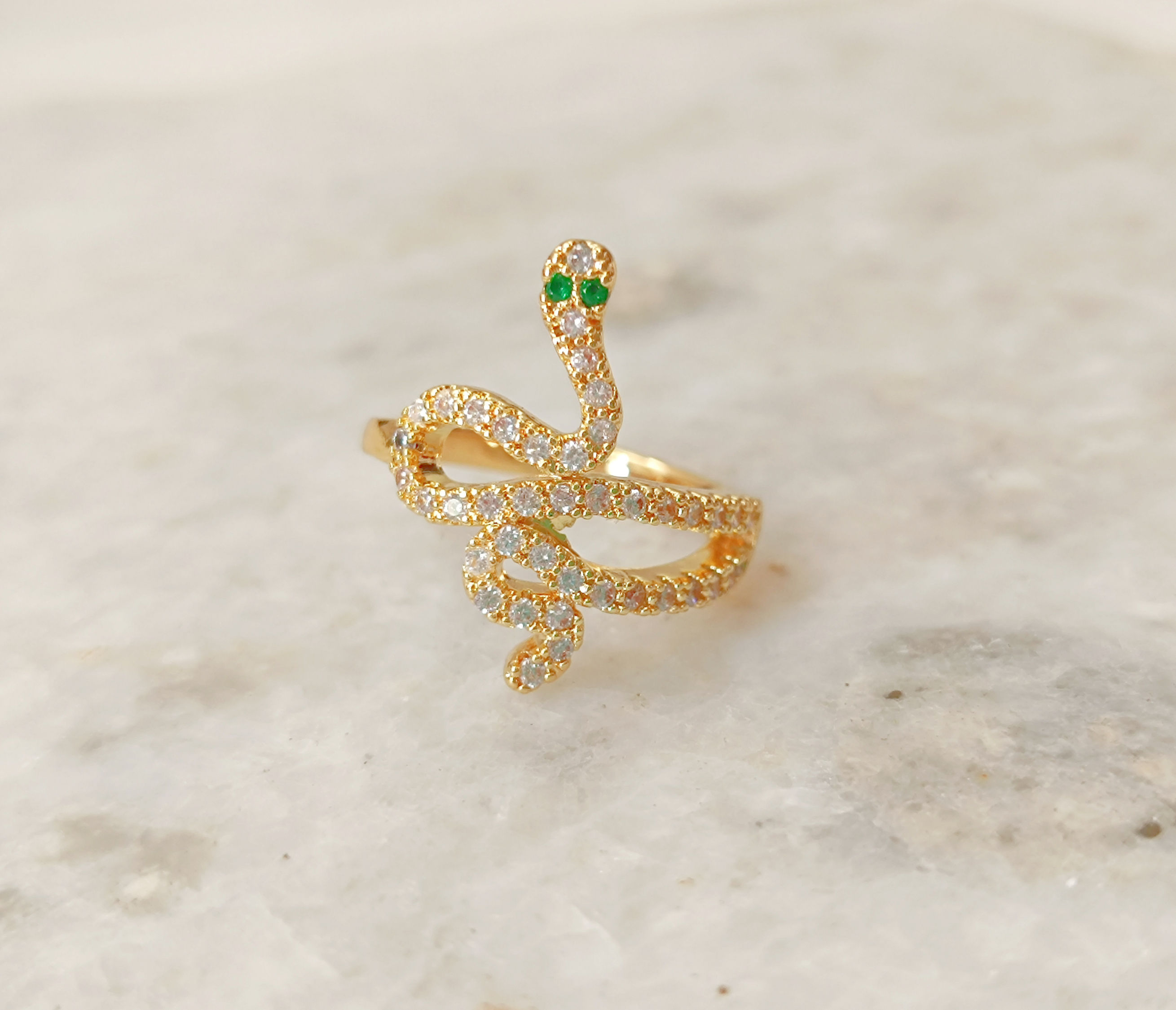 Green eye Diamond curled snake Ring (Gold, Brass)