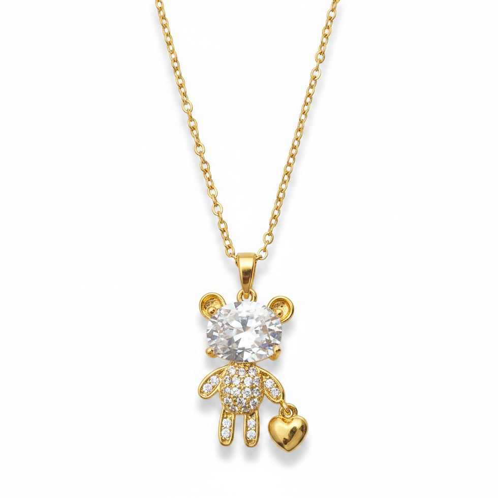 Thumbnail: Big CZ Teddy with Heart Pendant (Gold-Plated Stainless Steel Chain)