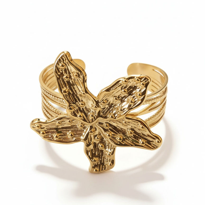 Thumbnail: Flower Cuff Gold Stainless Steel Bangle