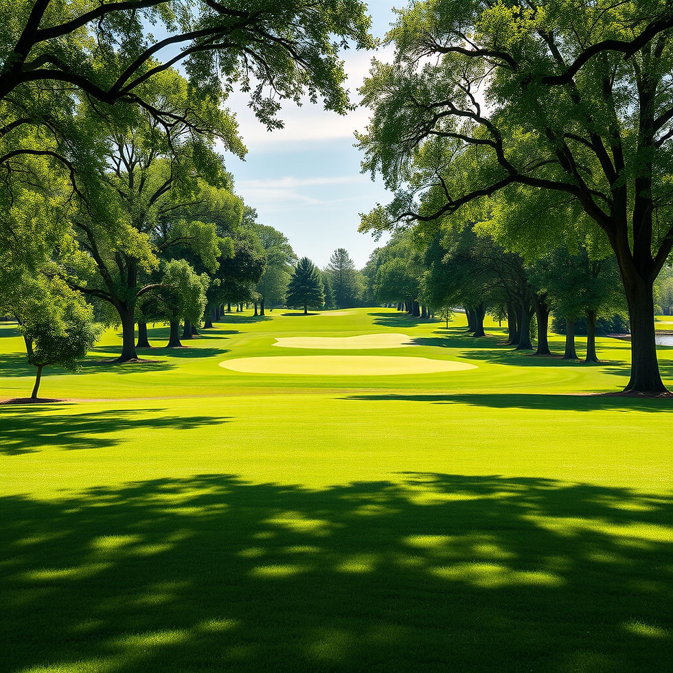 A highly-realistic, high-resolution photo-quality, serene, sunny golf course standing in t