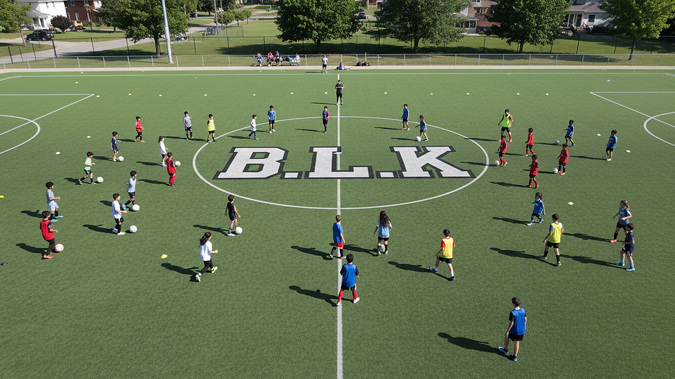 High angle view of a youth soccer field with players practicing