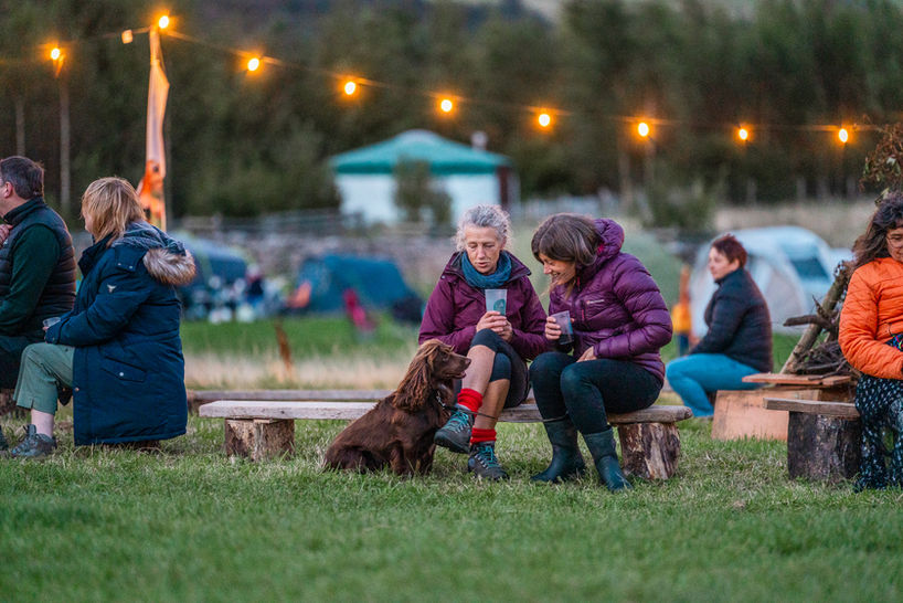 People and dogs sat outside on benches in the twilight