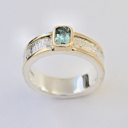 Green Beryl silver and gold gem set dress ring