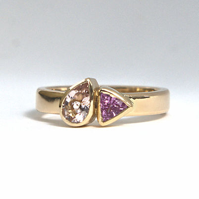 Morganite pear and pink Sapphire trillion 9ct yellow gold ring