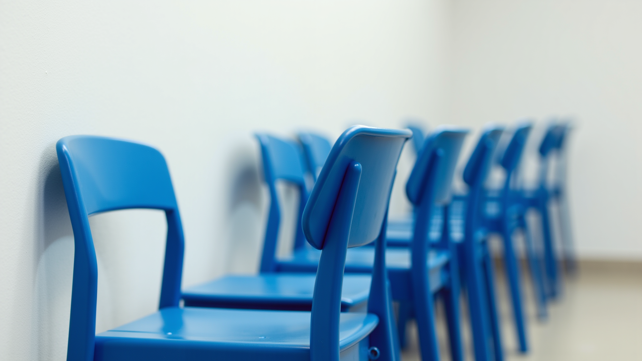 viele blaue Stühle sind nebeneinander gestellt