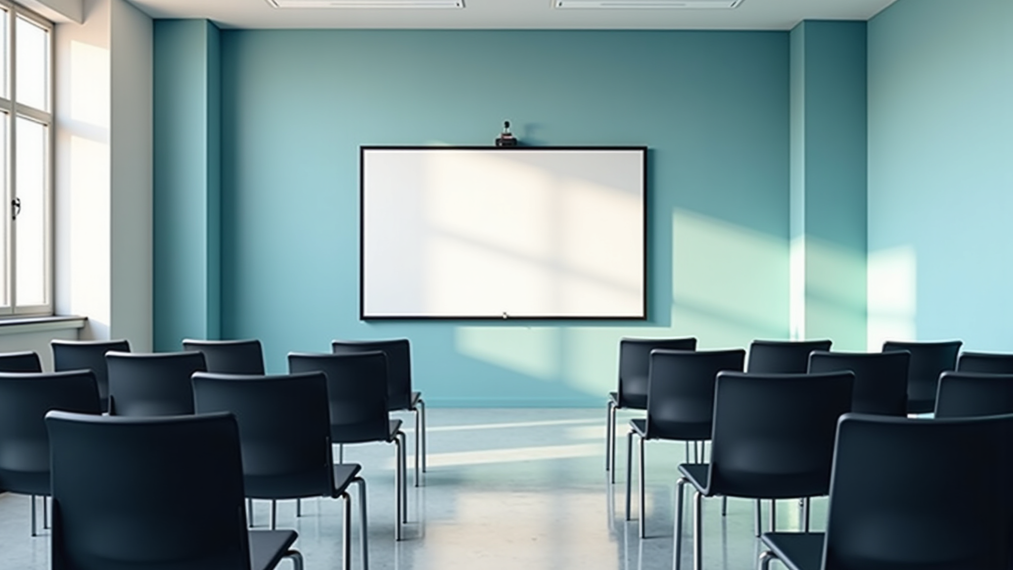 ein leeres Klassenzimmer und an der Tafel hängt ein Bild der Projektteams