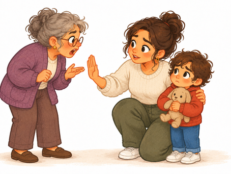Illustration : une mère, accroupie près de son enfant, lève la main pour arrêter la grand-mère qui le gronde.