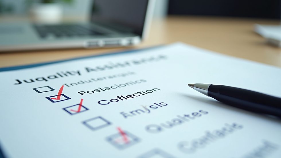 Close-up view of a checklist and quality assurance documentation on a desk