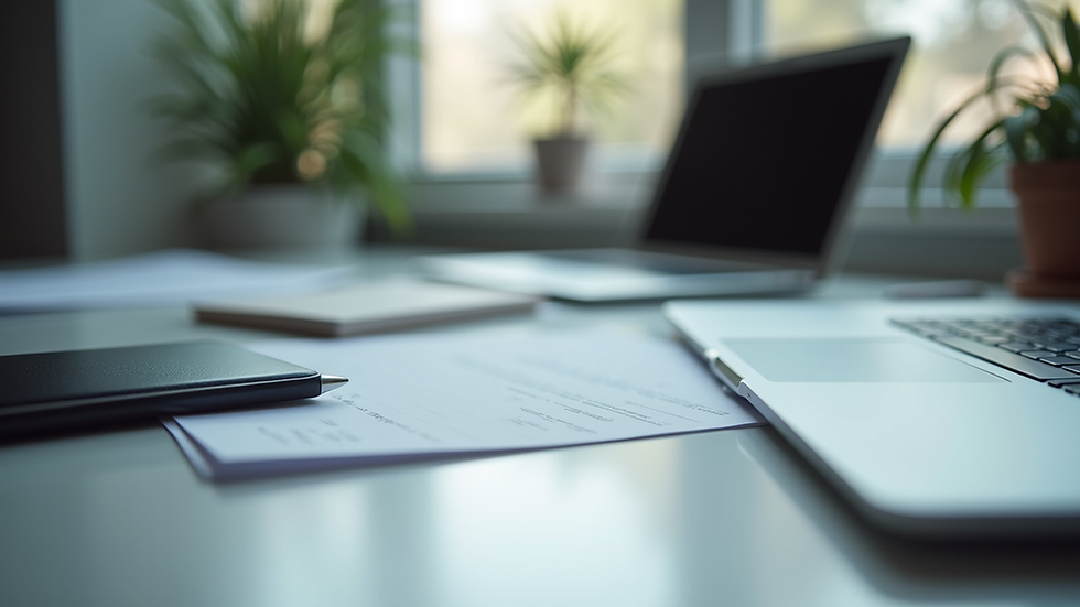 Eye-level view of a modern office workspace with organized documents and a laptop
