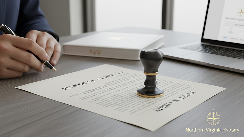 Close-up view of a notary stamp and Power of Attorney document on a desk