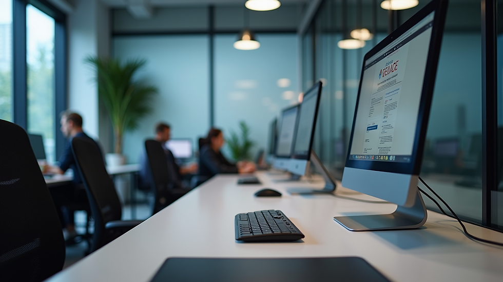 Eye-level view of a modern office workspace with digital devices