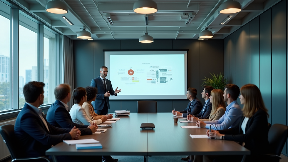 High angle view of a conference room with a presentation on Workday software