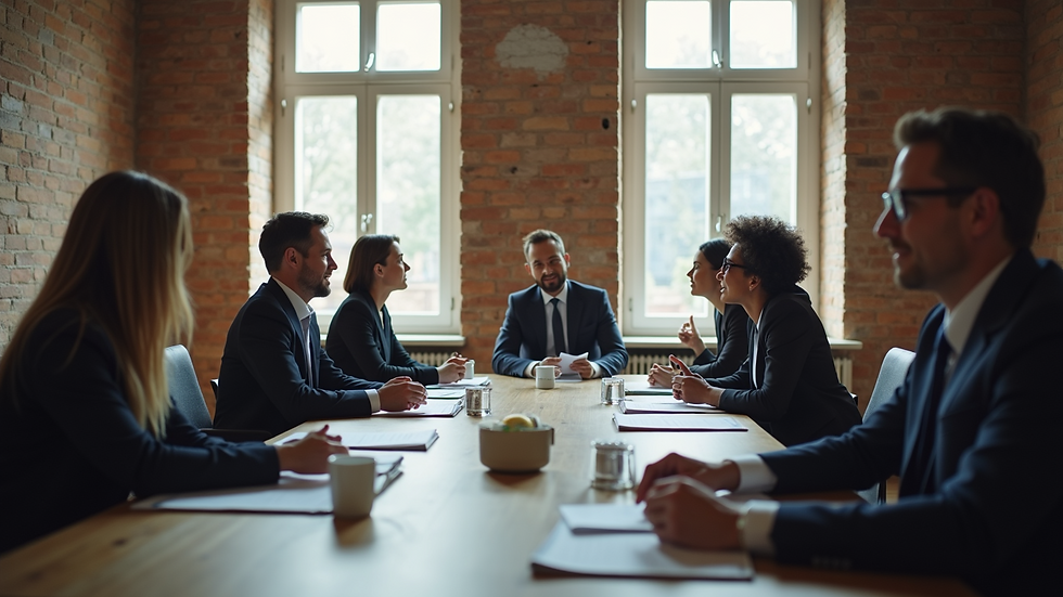 High angle view of a conference room with diverse team members