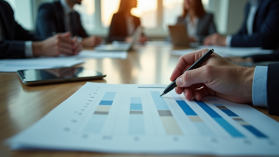 High angle view of a business meeting with charts and laptops on the table