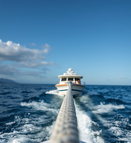 vertical image of a boat's tow line leading away from the camera to a boat being towed in 
