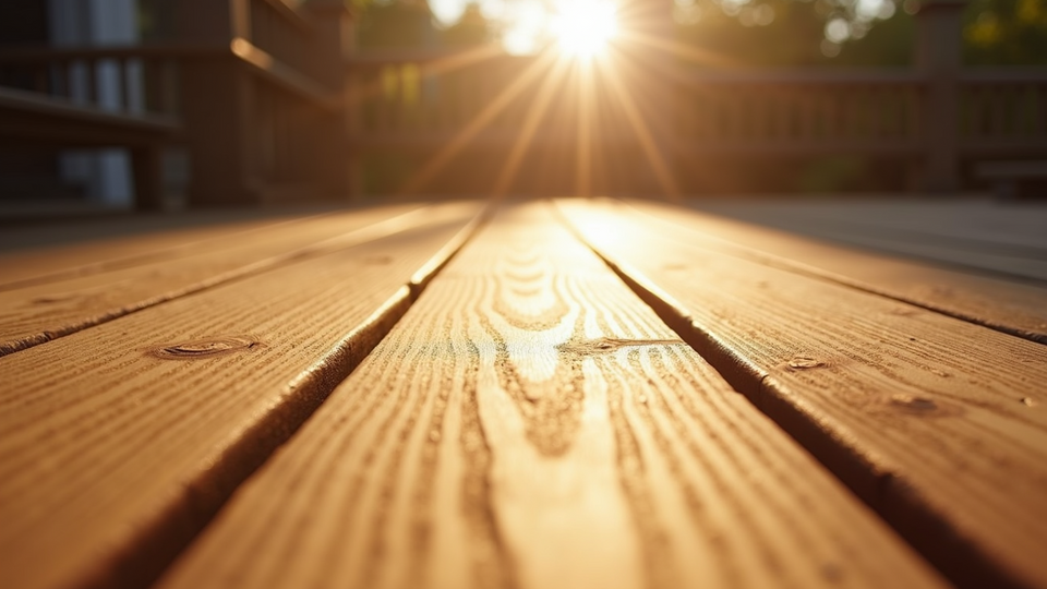 High angle view of a freshly stained wooden deck in sunlight