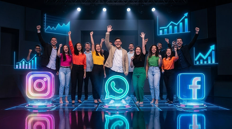 Emprendedores presentan una startup en un escenario con hologramas de redes sociales, gráficos de crecimiento y marketing digital.