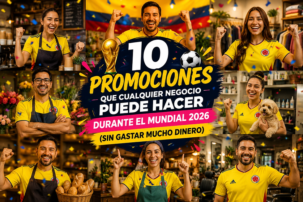 Emprendedores y dueños de negocios con la camiseta de la Selección Colombia celebrando durante el Mundial 2026 y mostrando ideas de promociones para empresas de Ibagué y el Tolima.