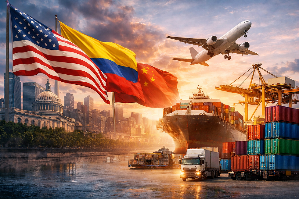 Escena de comercio internacional con puerto marítimo, contenedores, avión de carga y banderas de Estados Unidos, Colombia y China, representando el impacto del cambio político en el comercio exterior.